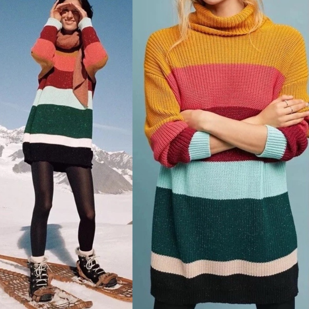 Farm Rio Anthropologie Boldly Striped Turtleneck Sweater Mini Dress Sparkle